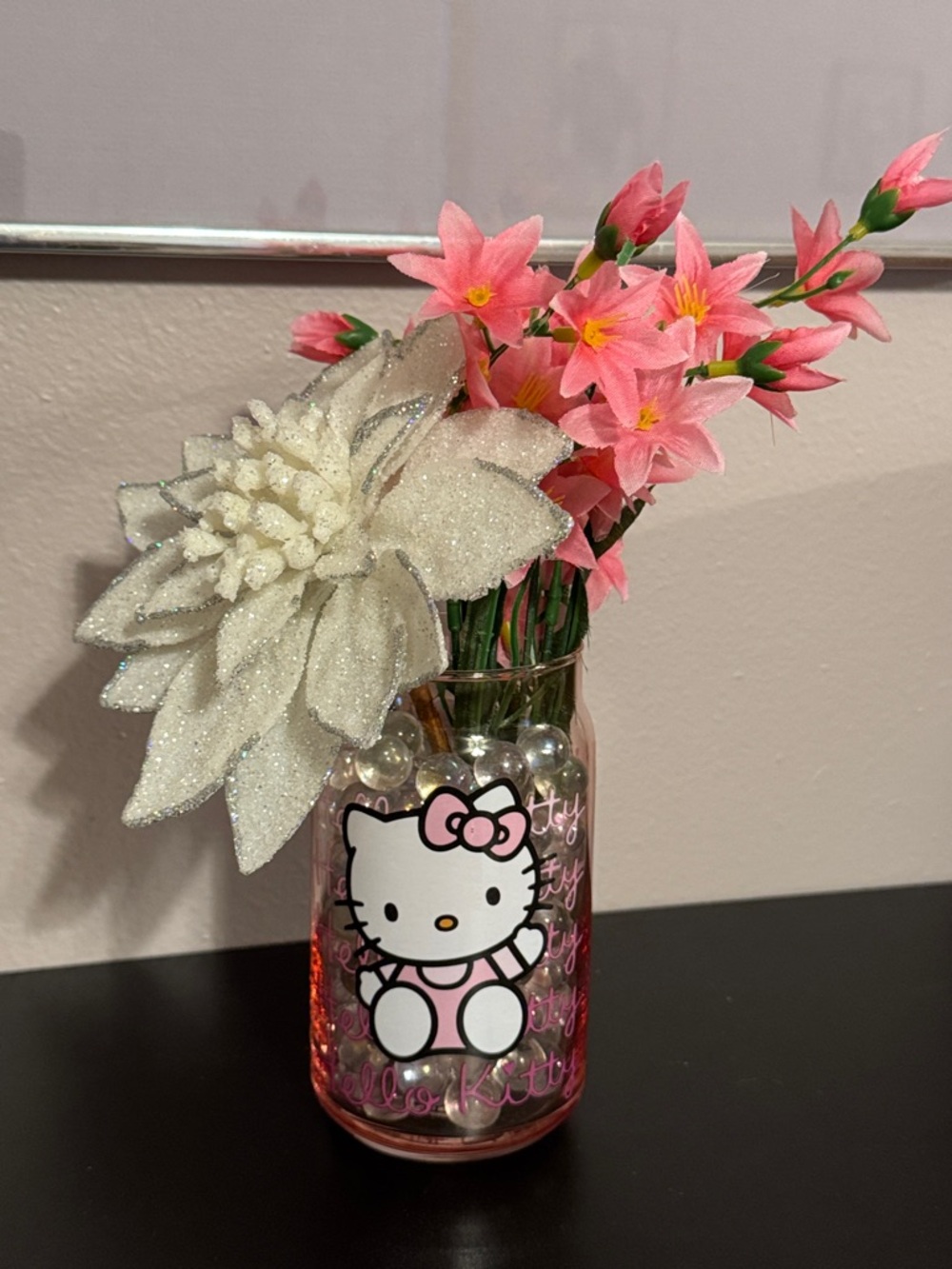 Hello Kitty Pink Floral Glass Jar with Sparkle Poinsettia
